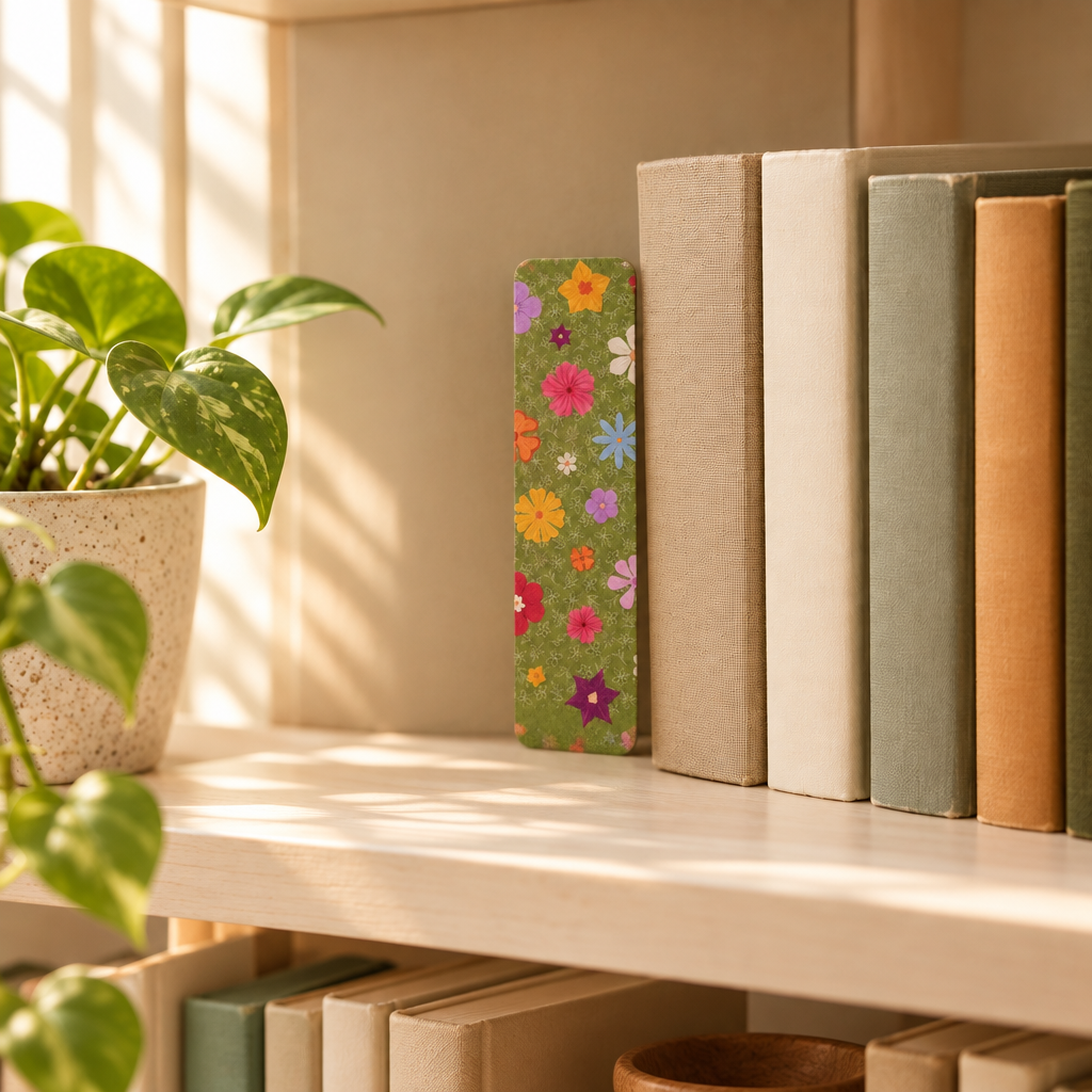 Wildflower bookmark tucked further back on the bookcase shelf